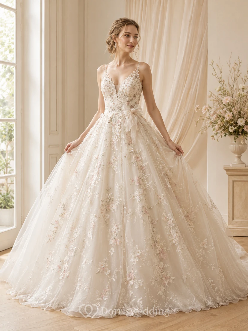 Robe de bal en dentelle florale à col spaghetti et traîne cathédrale