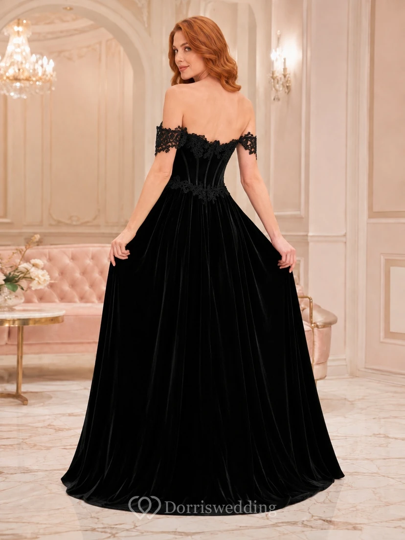 Black Velvet Lace Off-the-shoulder Short Sleeve Mermaid Floor-length Sweep Train Split Gown view 2