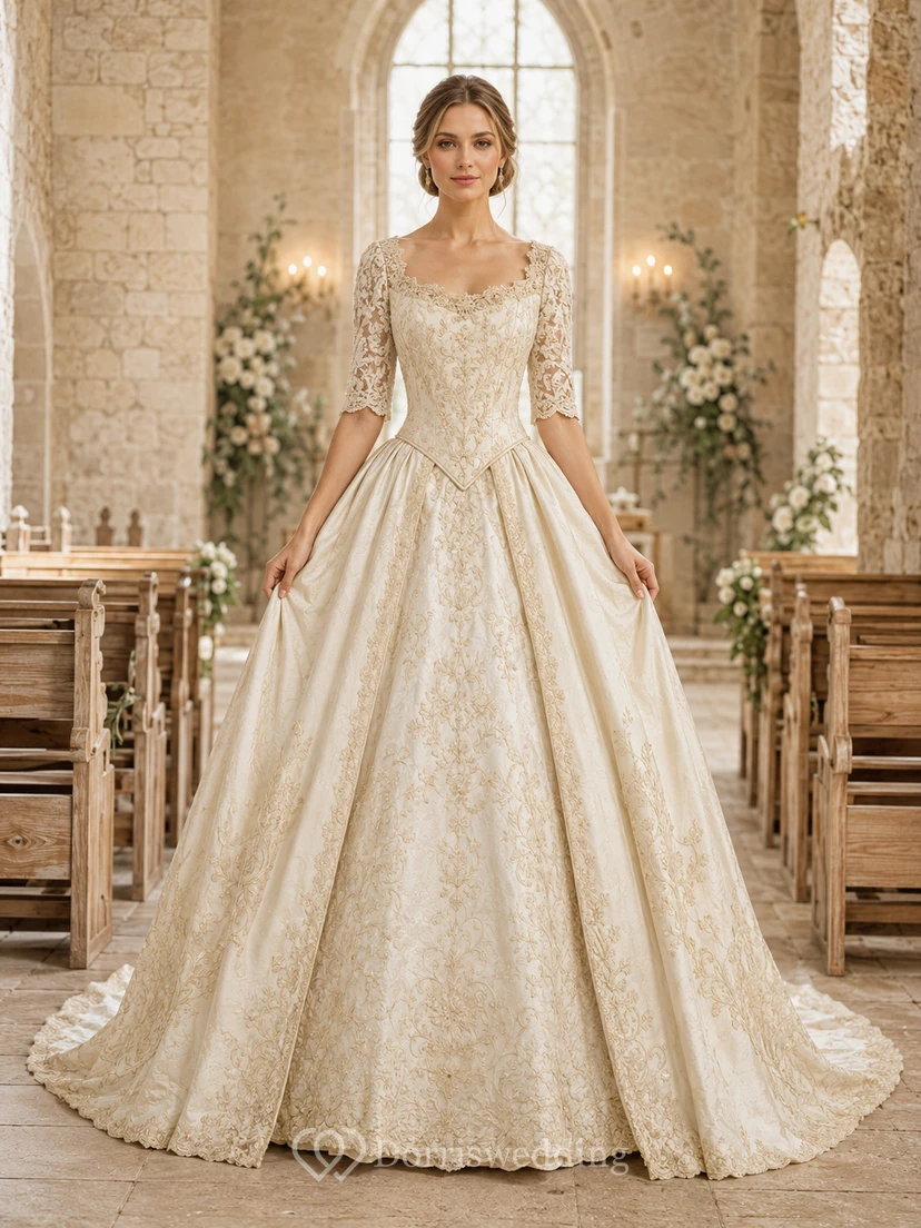 Robe de bal antique de luxe à col rond et manches trois-quarts en dentelle, traîne courte