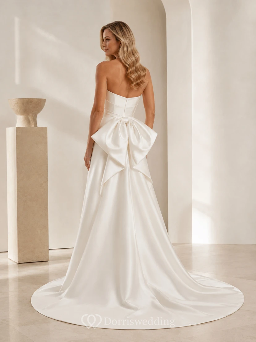 Satin Wedding Dress A-Line Strapless Sweetheart Court Train Bridal Gown view 2