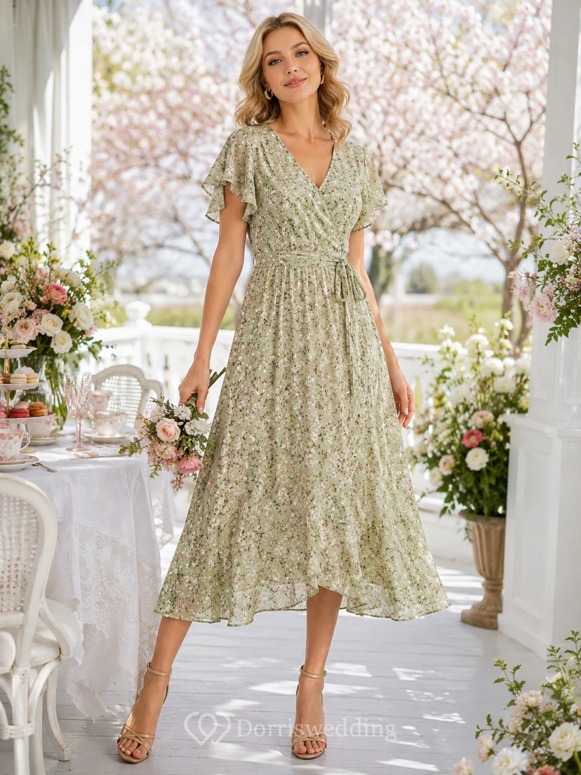 Robe de douche midi trapèze à col V et manches papillon, imprimé floral sauge