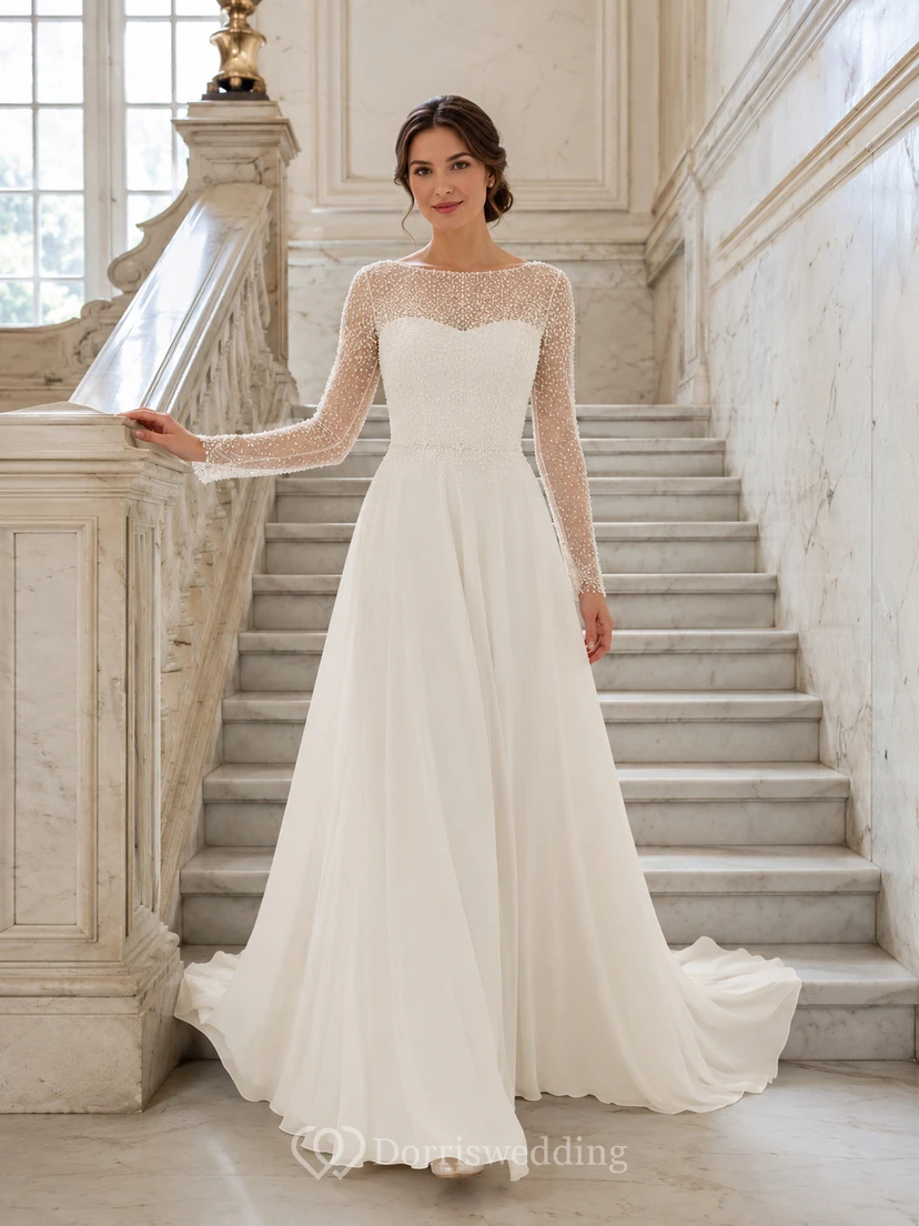Robe trapèze à manches illusion et détails perles, intérieur en marbre