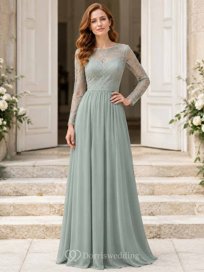 Sage Lace Long Sleeve Chiffon Formal Wedding Guest Gown