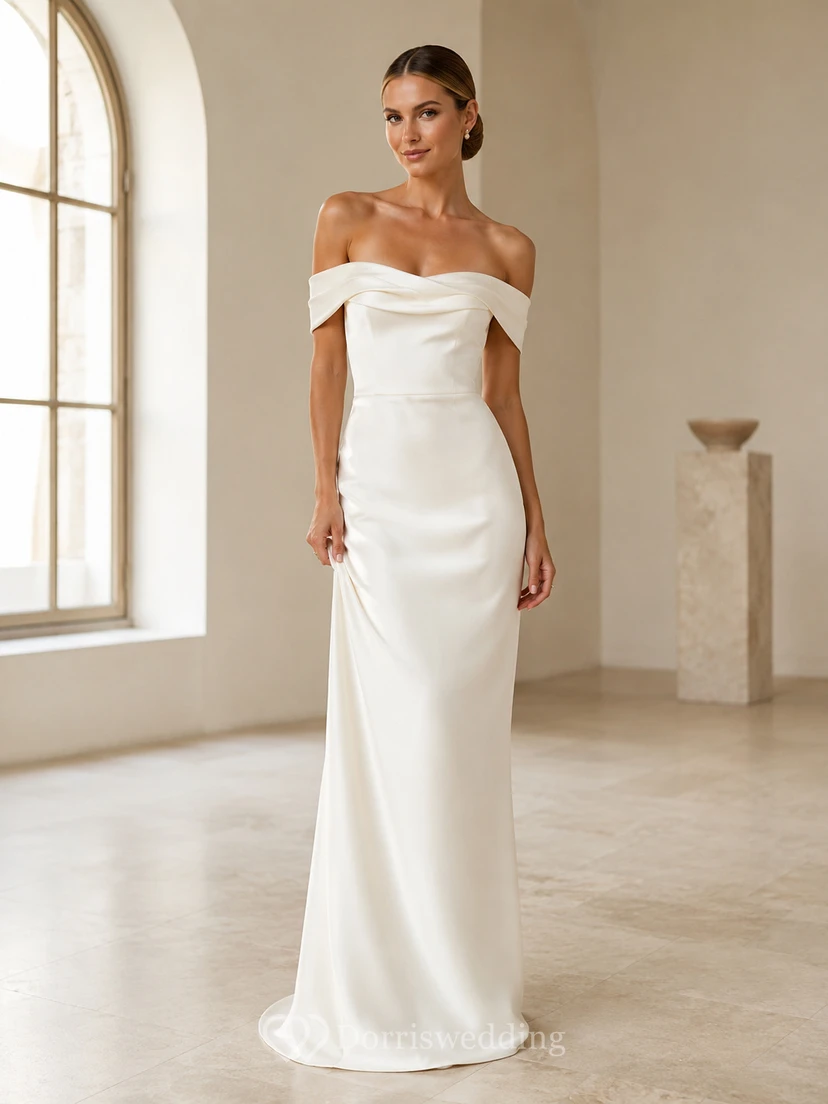 Robe de mariée civile minimaliste en satin fourreau à épaules dénudées et épaules pliées, longueur au sol
