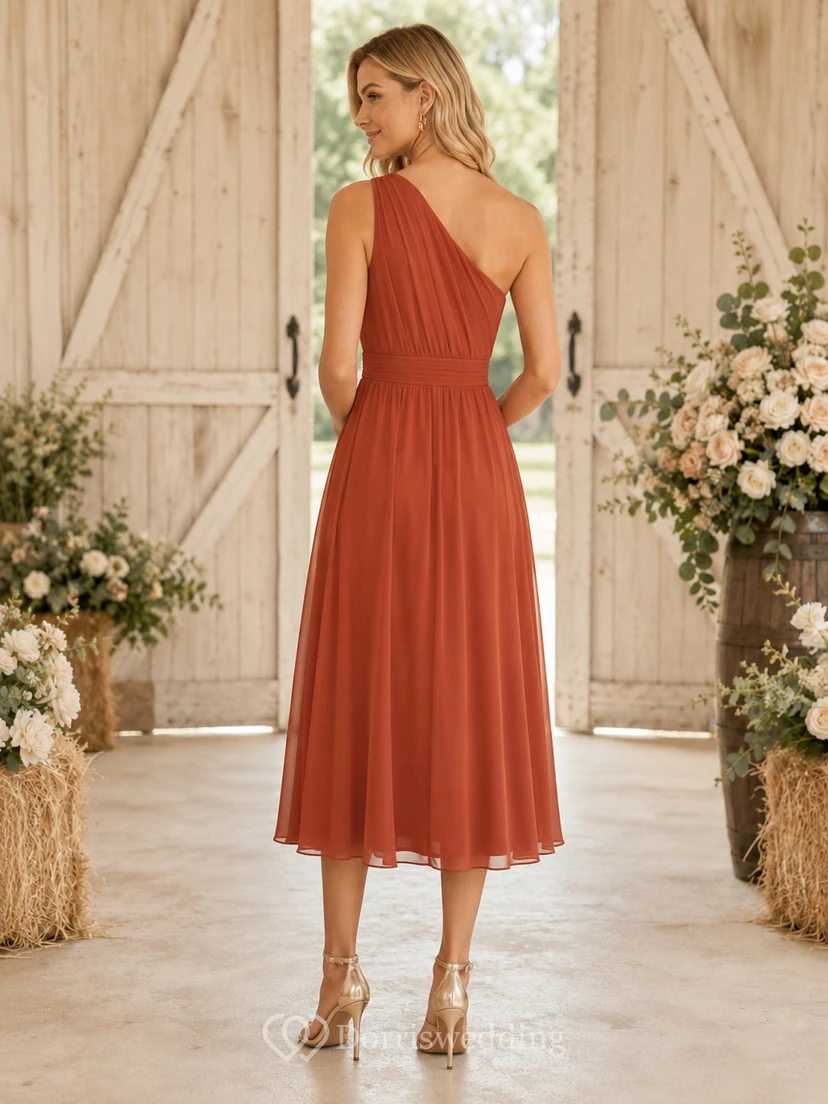 Terracotta One Shoulder Chiffon Tea Length Rustic Guest Dress view 2