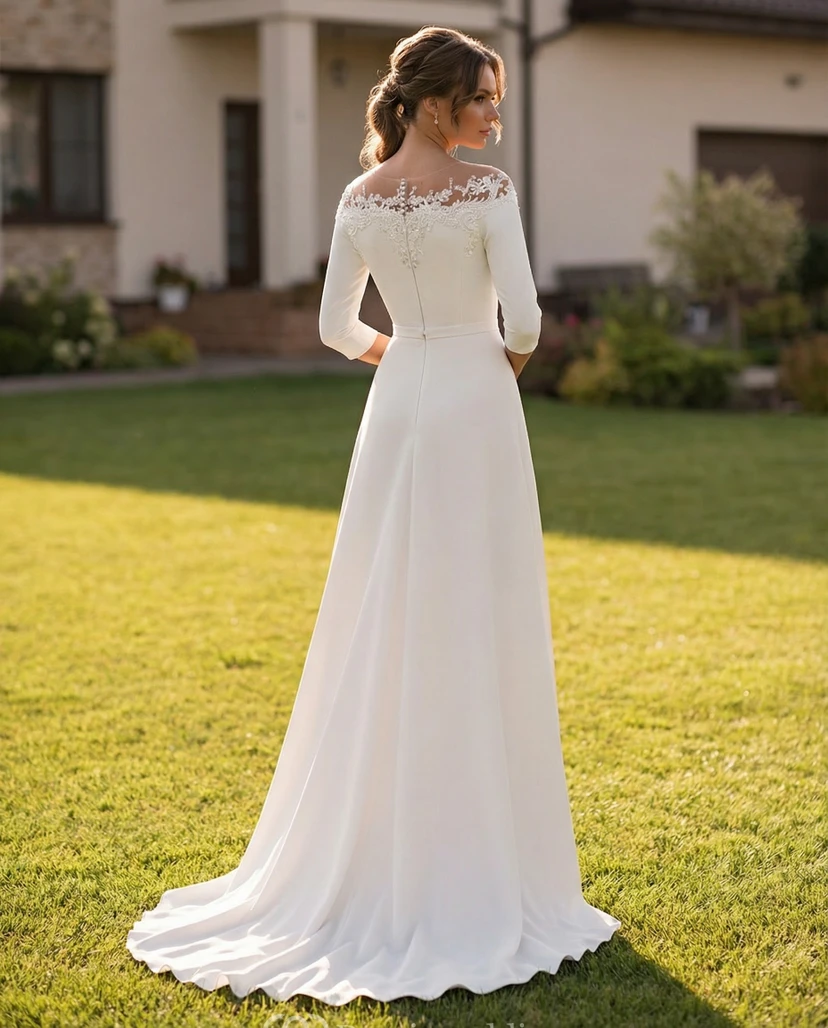 3/4-Ärmel-Etui-Brautkleid mit Applikationen view 2