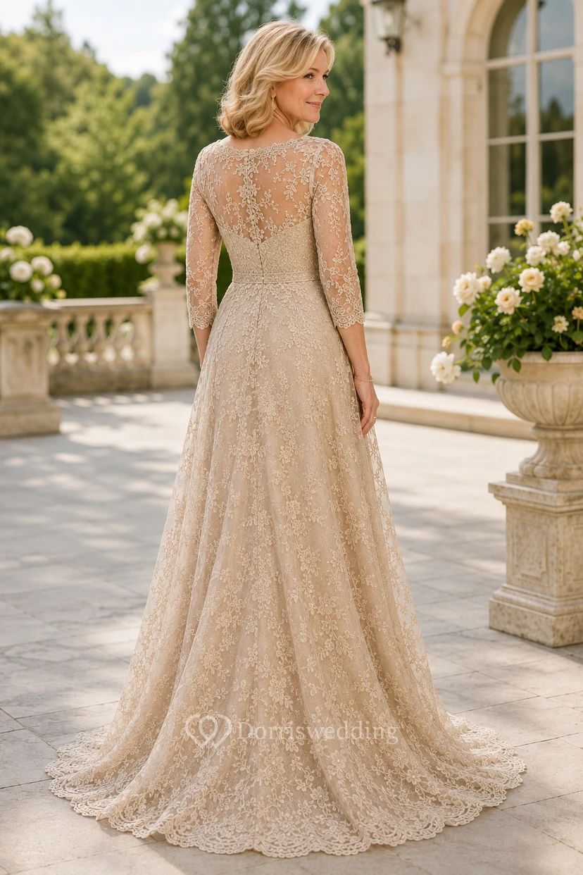 Champagnerfarbenes, langärmeliges A-Linien-Kleid aus Spitze mit Schleppe für die Mutter des Bräutigams view 2