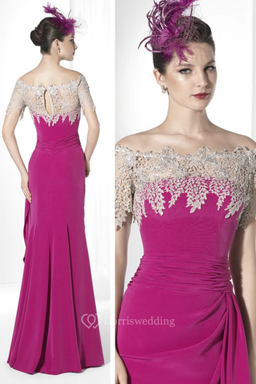 Sheath Short-Sleeve Off-The-Shoulder Side-Draped Maxi Jersey Prom Dress With Appliques view 2