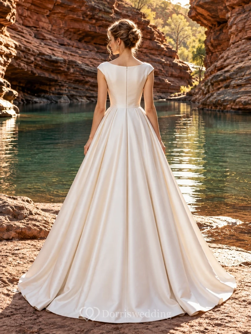 Schlichtes, ärmelloses Brautkleid aus Satin in A-Linie und bodenlang mit U-Boot-Ausschnitt view 2