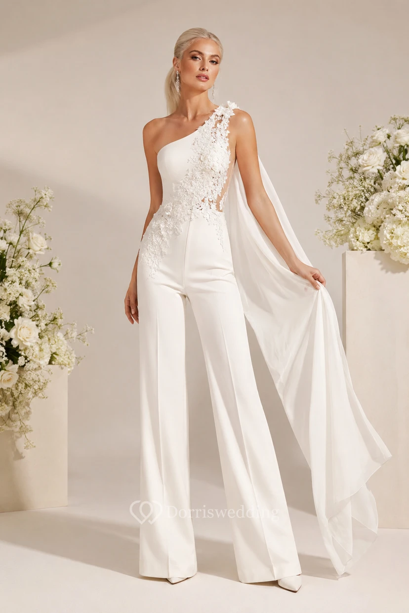 White One-Shoulder Lace Cape Bridal Jumpsuit