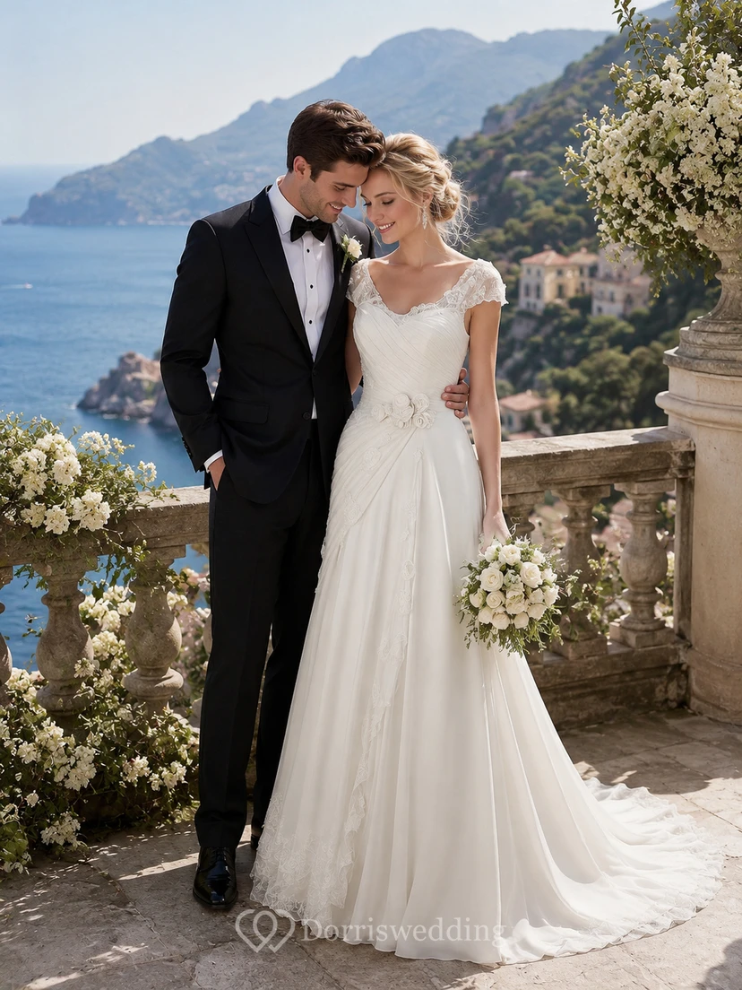 V-neck Cap Empire Chiffon Ruched Draped Wedding Dress with Tiers