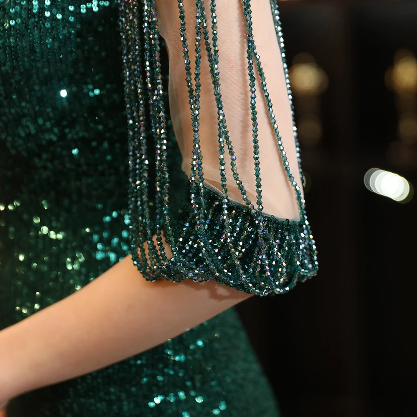 Vestido de noche elegante, largo, sin mangas, con lentejuelas y cola de sirena, estilo banquete. view 8