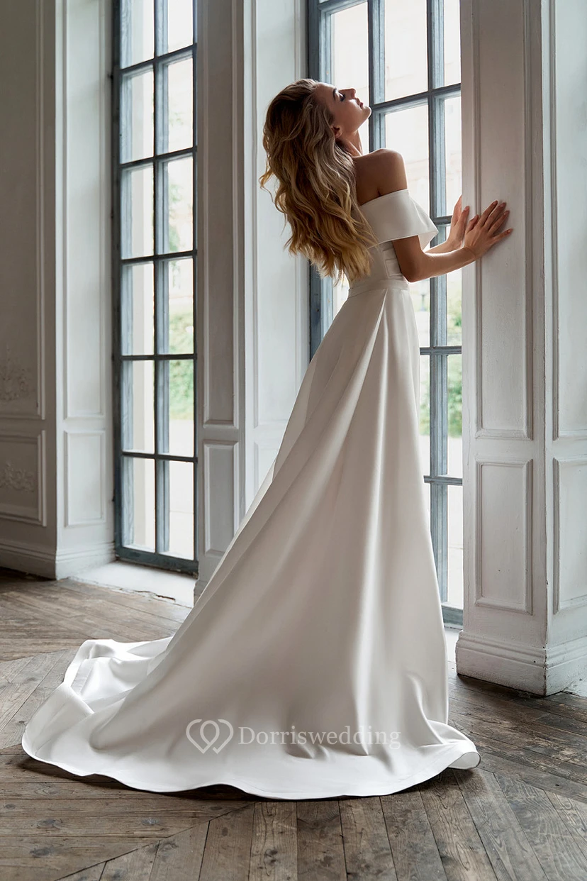 Abnehmbares, schlichtes schulterfreies Satin-Penci-Hochzeitskleid view 3