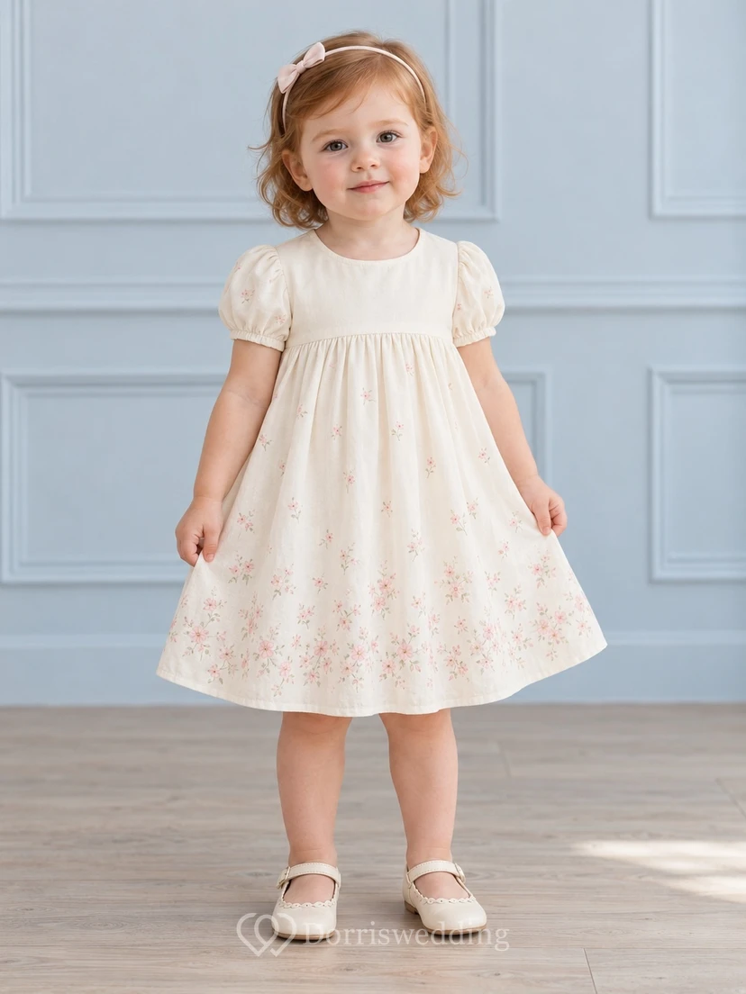 Modest Cream Pink Floral Knee Length Small Puff Sleeve Cluster Print Flower Girl Dress view 2