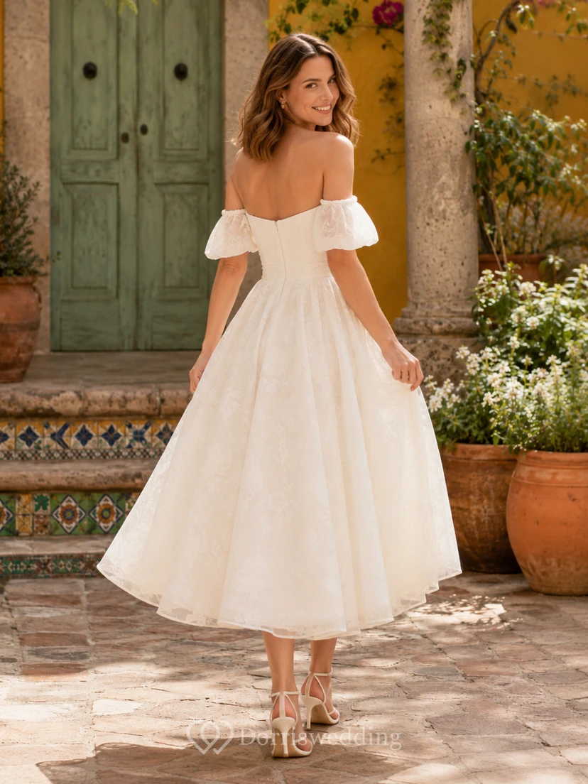 Vintage Romantic Off-Shoulder Puff Sleeve Tea-Length Civil Destination Wedding Dress view 2
