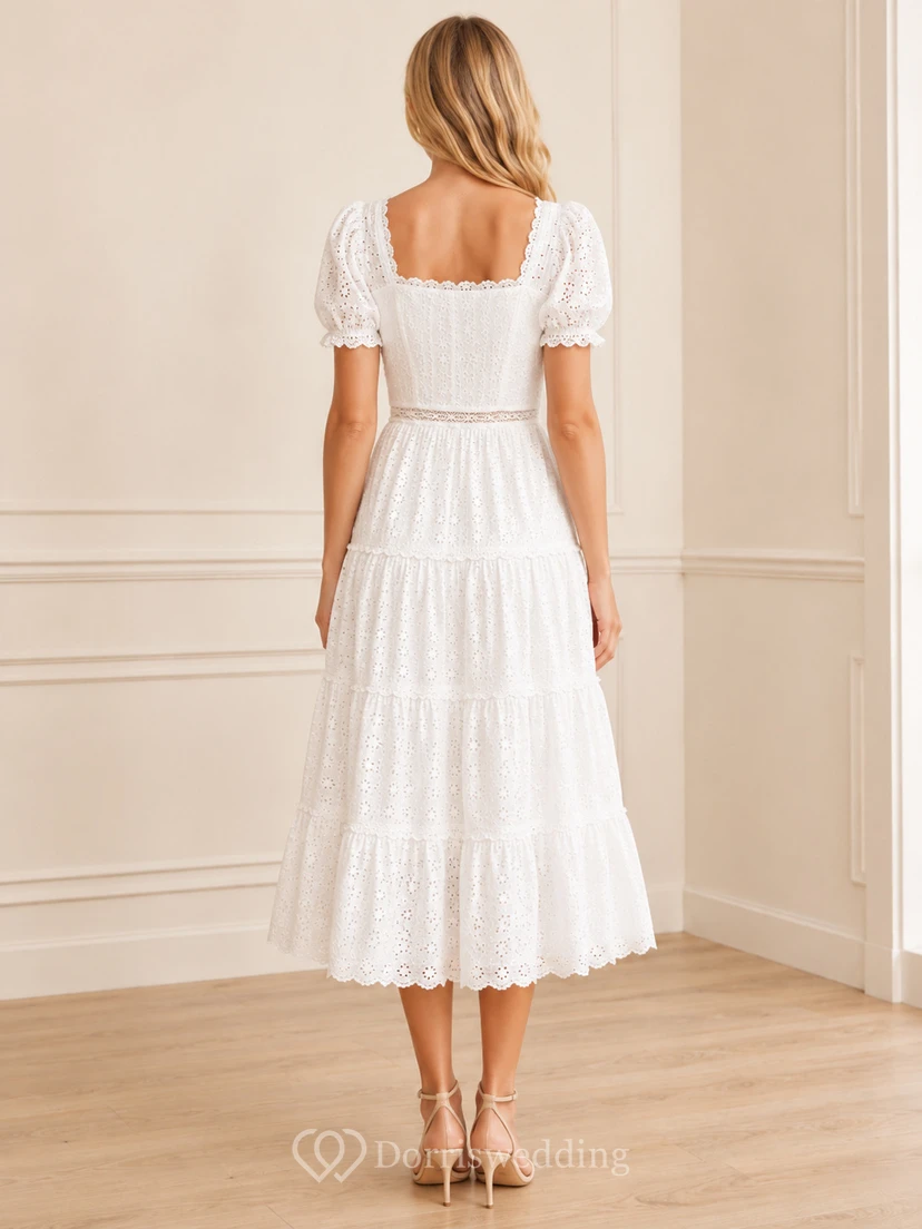 Eyelet Morning White A-Line Tea-Length Square Short-Sleeve Lace Vintage Homecoming Dress view 2