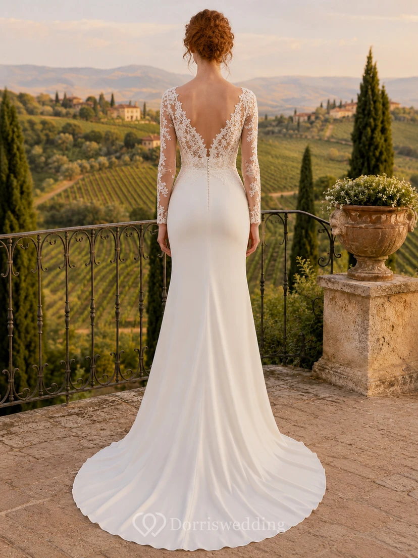Vestido de novia de encaje campestre, corte recto, escote corazón, manga larga, cola larga, espalda baja en V. view 2