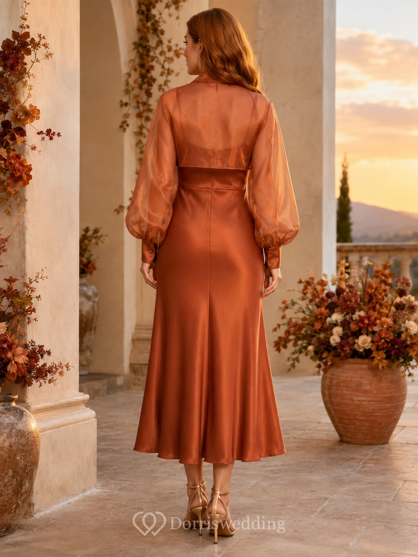 Robe midi d'invitée en satin à col bénitier et manches transparentes, couleur papaye view 2