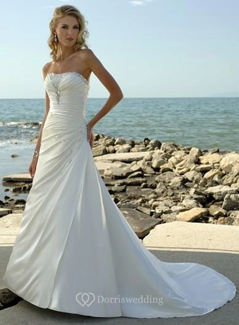 New Arrival a Line Strapless Court Train Elastic Woven Satin Wedding Dress Styles