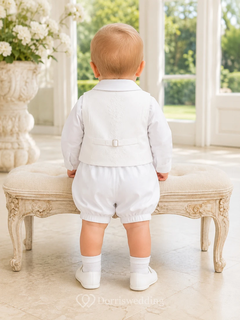 White Satin Vest Bow Tie Short Christening Suit Ensemble for Baby Boy view 2