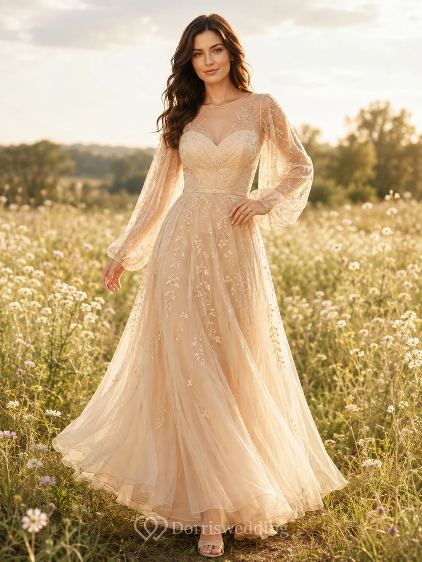 Gold Long Poet Sleeve Illusion Lace Tulle A-Line Floor-Length Luxury Etheral Gown