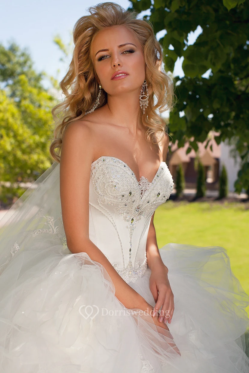 Floor-Length Sweetheart Beaded Tulle Wedding Dress With Ruffles And Lace Up view 5