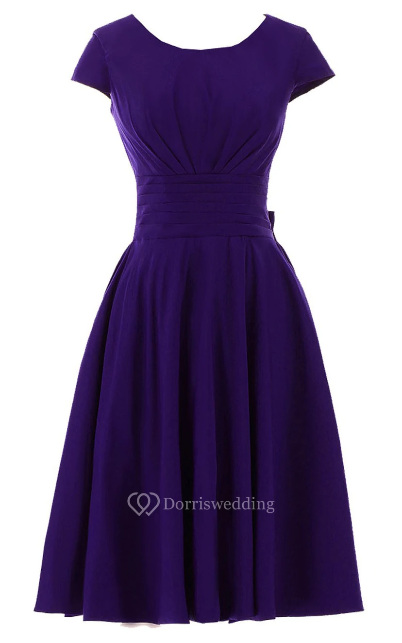 Short Sleeve Ruched Sash Midi-length Pleated Chiffon Dress view 6
