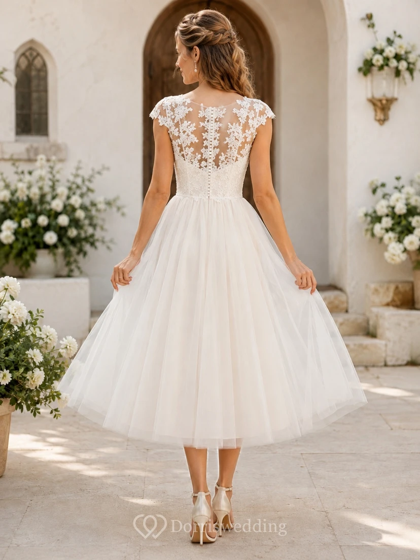 Romantic Cap Sleeve Floral Lace Tulle A-Line Tea-Length Vow Renewal Wedding Dress view 2