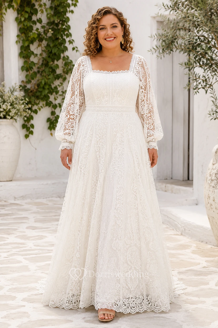 Plus Size Square Neck Long Sleeve Lace A-Line Wedding Dress
