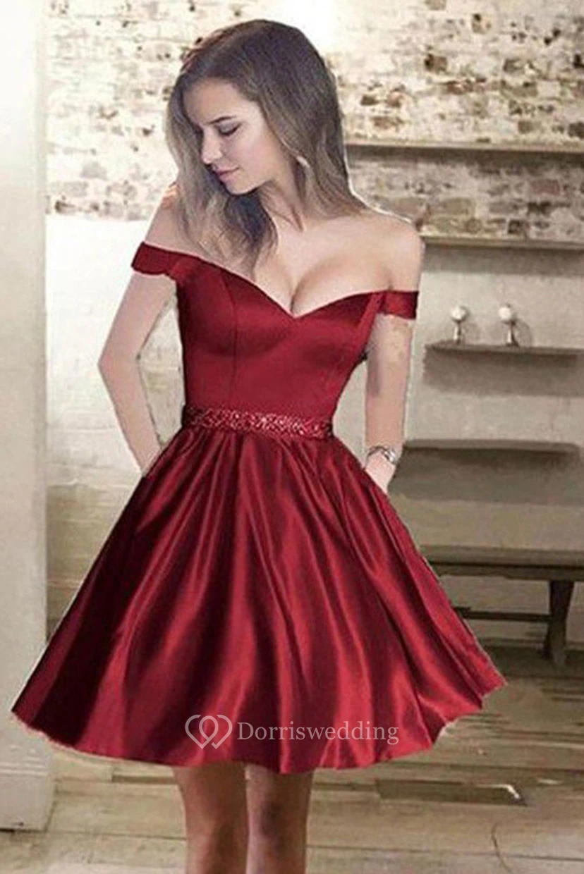 A-line Sleeveless Satin Off-the-shoulder Short Mini Homecoming Dress