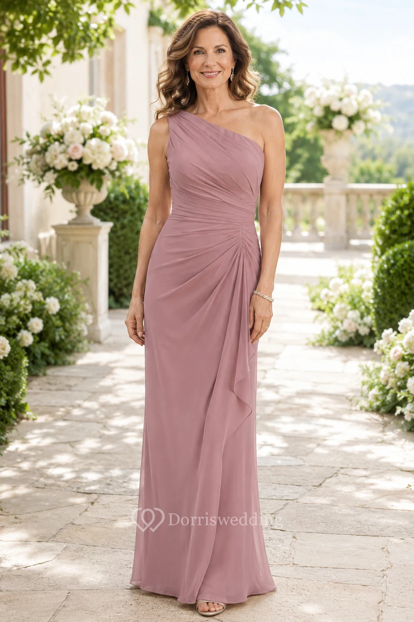Altrosa Chiffon-Etui-Kleid mit asymmetrischem Träger und Raffungen