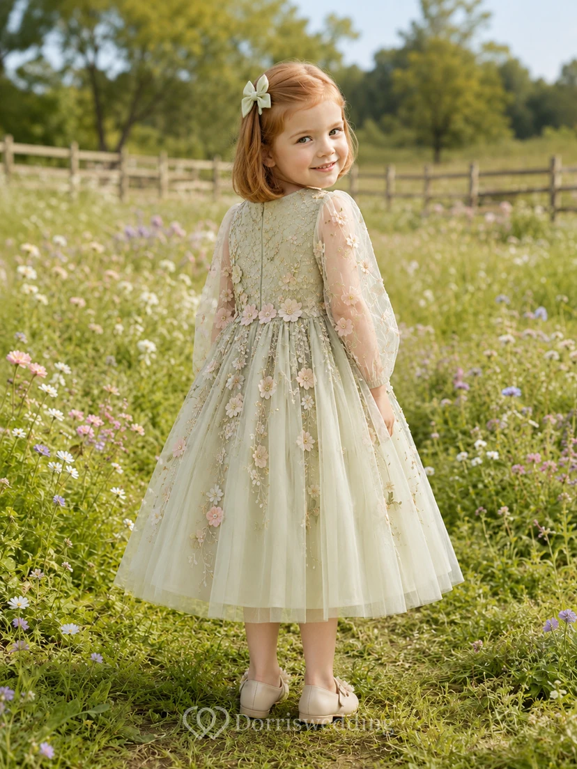 Sage Floral Applique Tulle Long Sleeve A-Line Tea-Length Garden Flower Girl Dress view 2