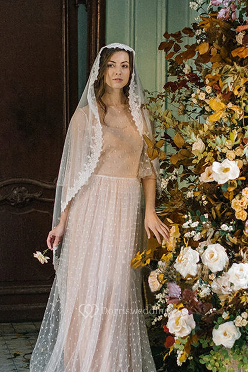 Romantic Tulle Wedding Veil with Lace Edge view 3