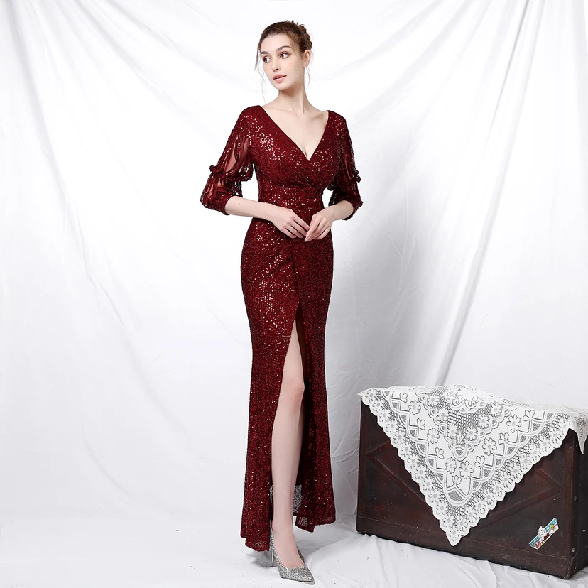 Elegantes, langärmeliges Paillettenkleid im Meerjungfrauenstil mit Meerjungfrauenschnitt – perfekt für festliche Anlässe. view 3