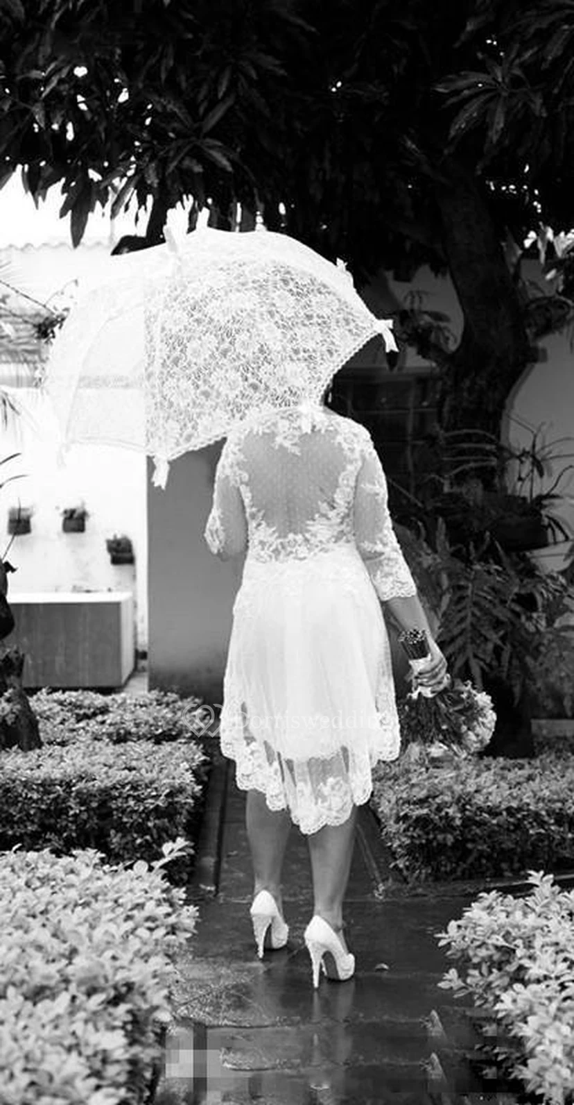 Vintage Brautkleid in Übergröße mit Spitze, A-Linie, halblangen Ärmeln, Illusion-Oberteil und kurzem Schnitt, Gartenstil view 7