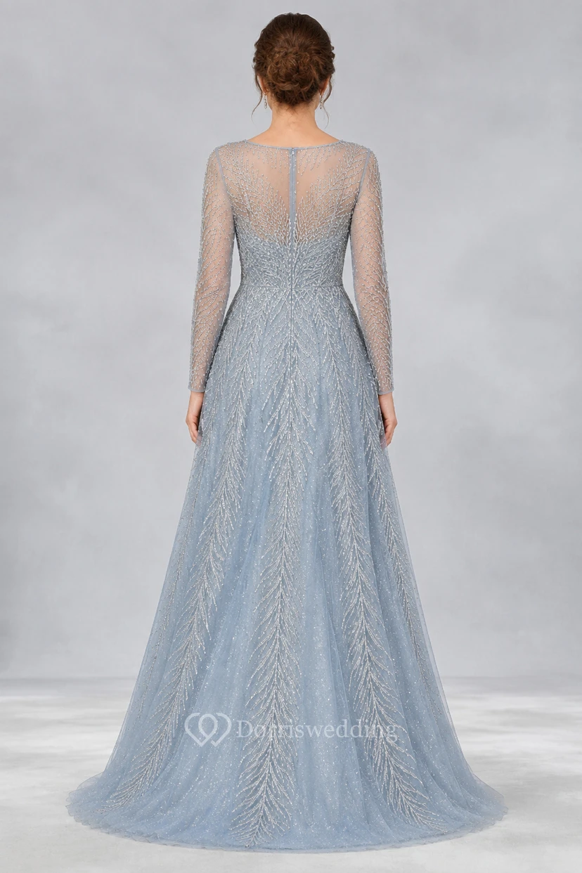 Robe de mère bleu acier à manches longues et coupe trapèze ornée de perles, idéale pour les événements formels et les occasions spéciales view 2