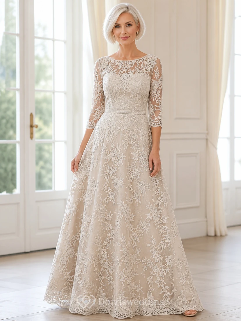 Scallop-Edged Modest Older Brides Lace A-Line Floor-length Bateau Three-Quarter Sleeve Mother Dress