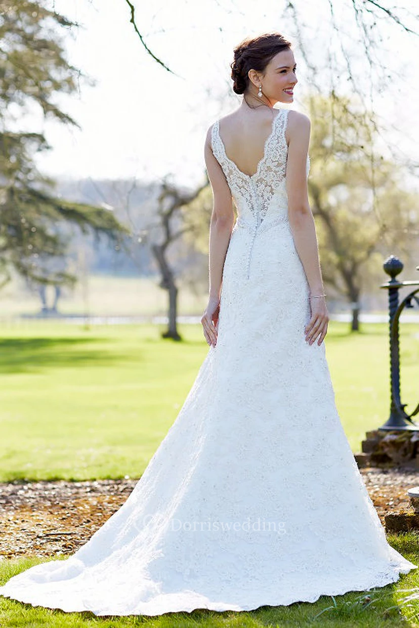 Sheath Floor-Length Sleeveless Appliqued V-Neck Lace Wedding Dress With Waist Jewellery view 2