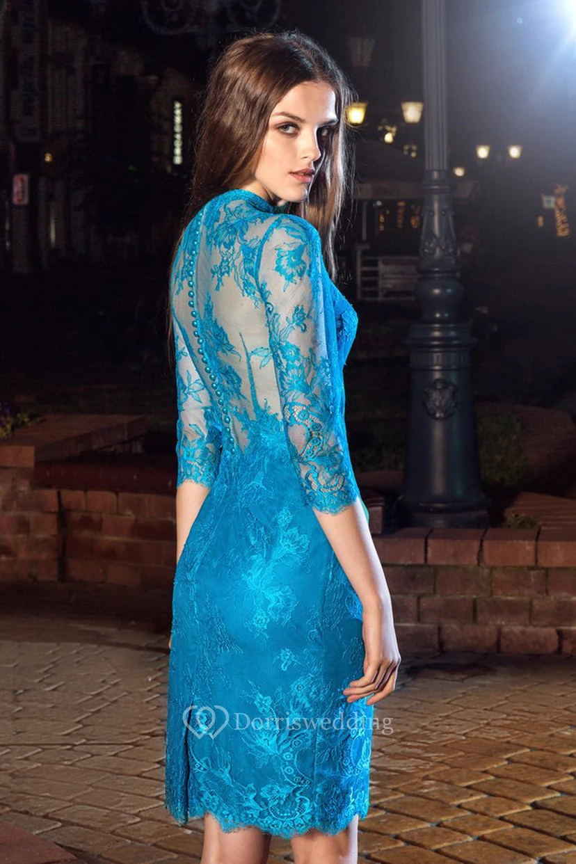 Pencil Knee-Length High Neck Half Sleeve Lace Illusion Dress With Appliques And Split Back view 2