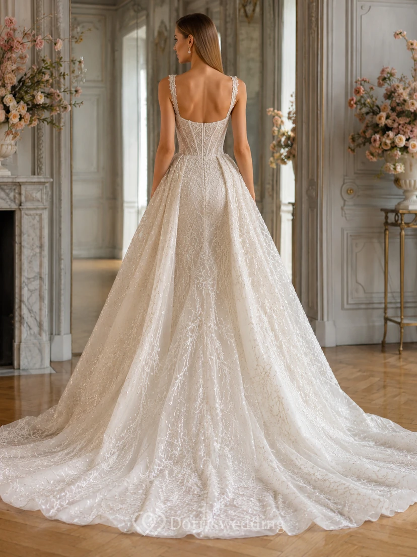 Robe de mariée en tulle et dentelle fluide, col carré, sans manches, coupe trapèze, traîne chapelle, sequins, style bord de lac view 2