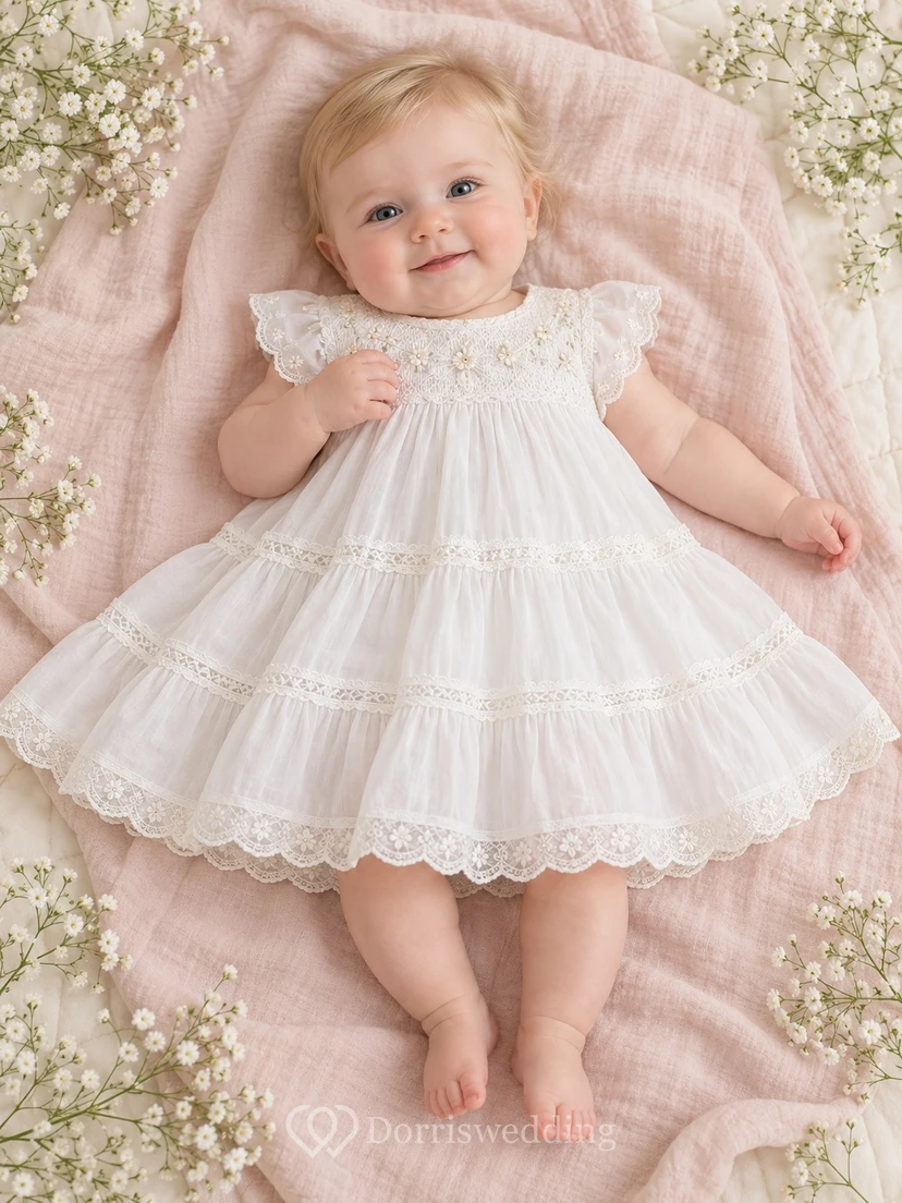 Robe de baptême pour bébé à volants, empiècement floral ivoire et manches courtes en dentelle.