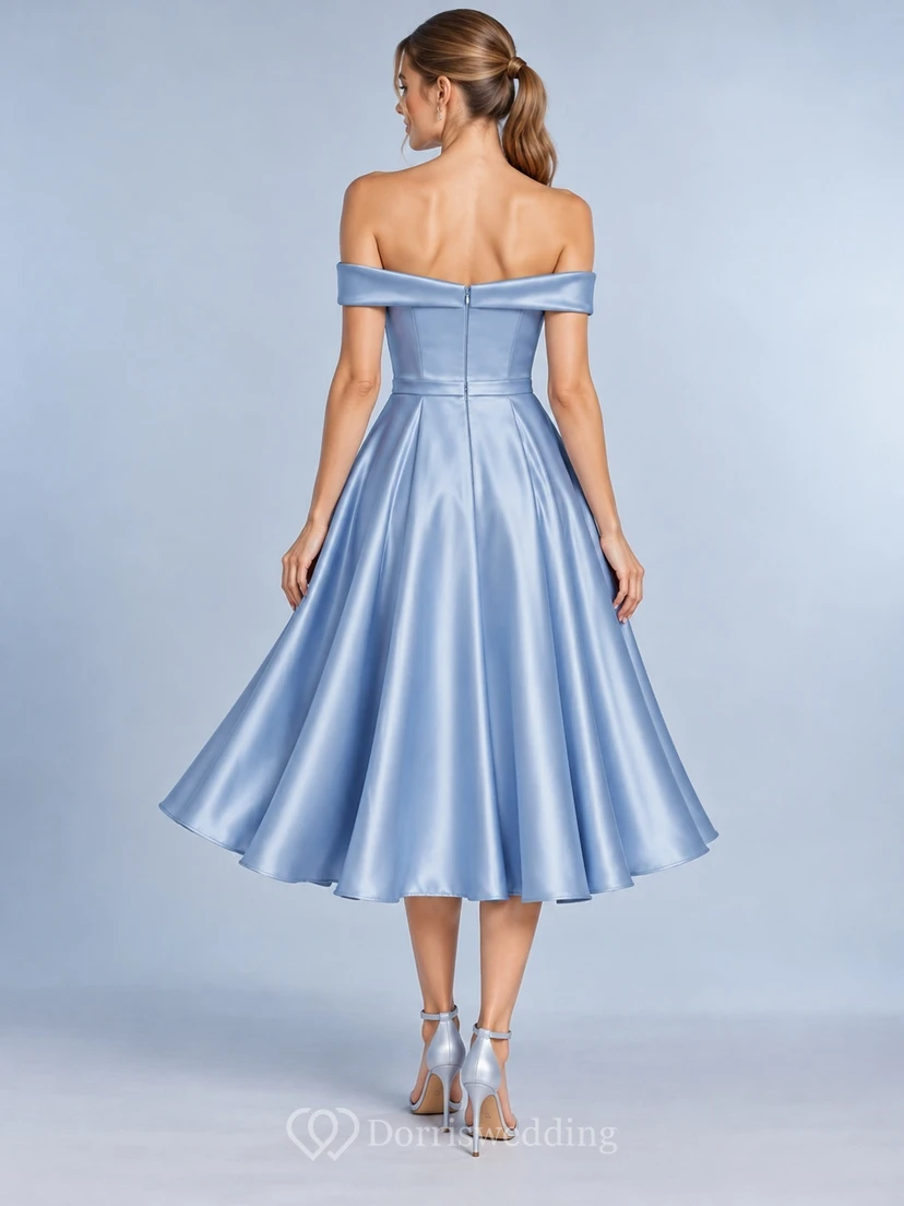 Tea-length Steel Blue Off Shoulder Flared Satin Cocktail Dress view 2