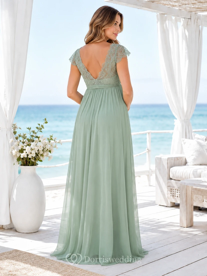 Robe de maternité Sage, col en V, manches courtes en dentelle, mousseline, style empire, robe de plage formelle en mousseline, col en V, robe de plage formelle en mousseline, style empire view 2
