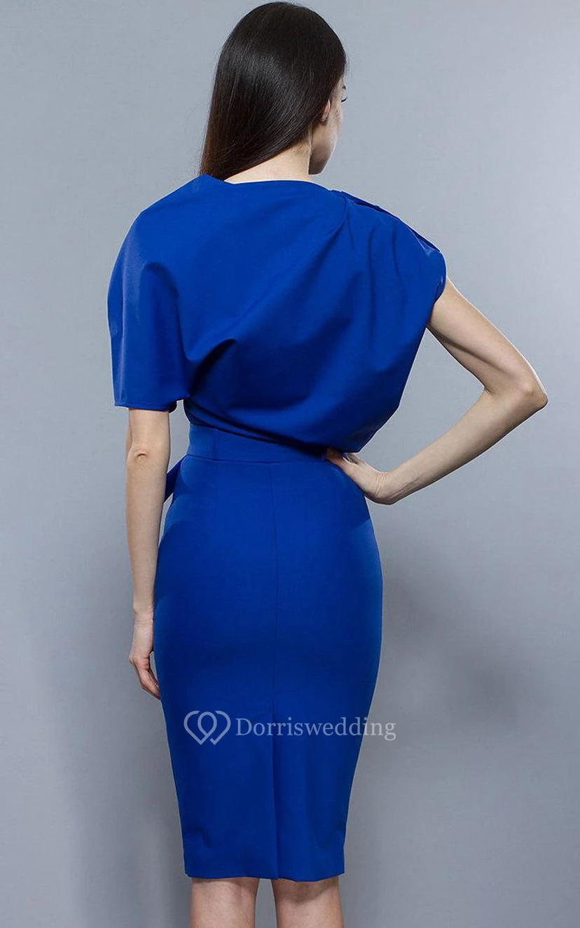 Oversize Top Sheath Jersey Knee Length Dress With Belt Royal Blue view 3