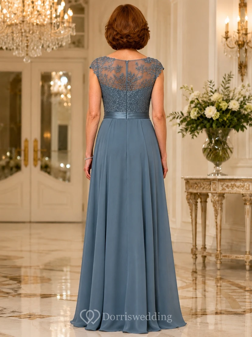 Stahlblaues Chiffon-Kleid mit kurzen Ärmeln und A-Linien-Schnitt, bodenlang, aus Spitze view 2