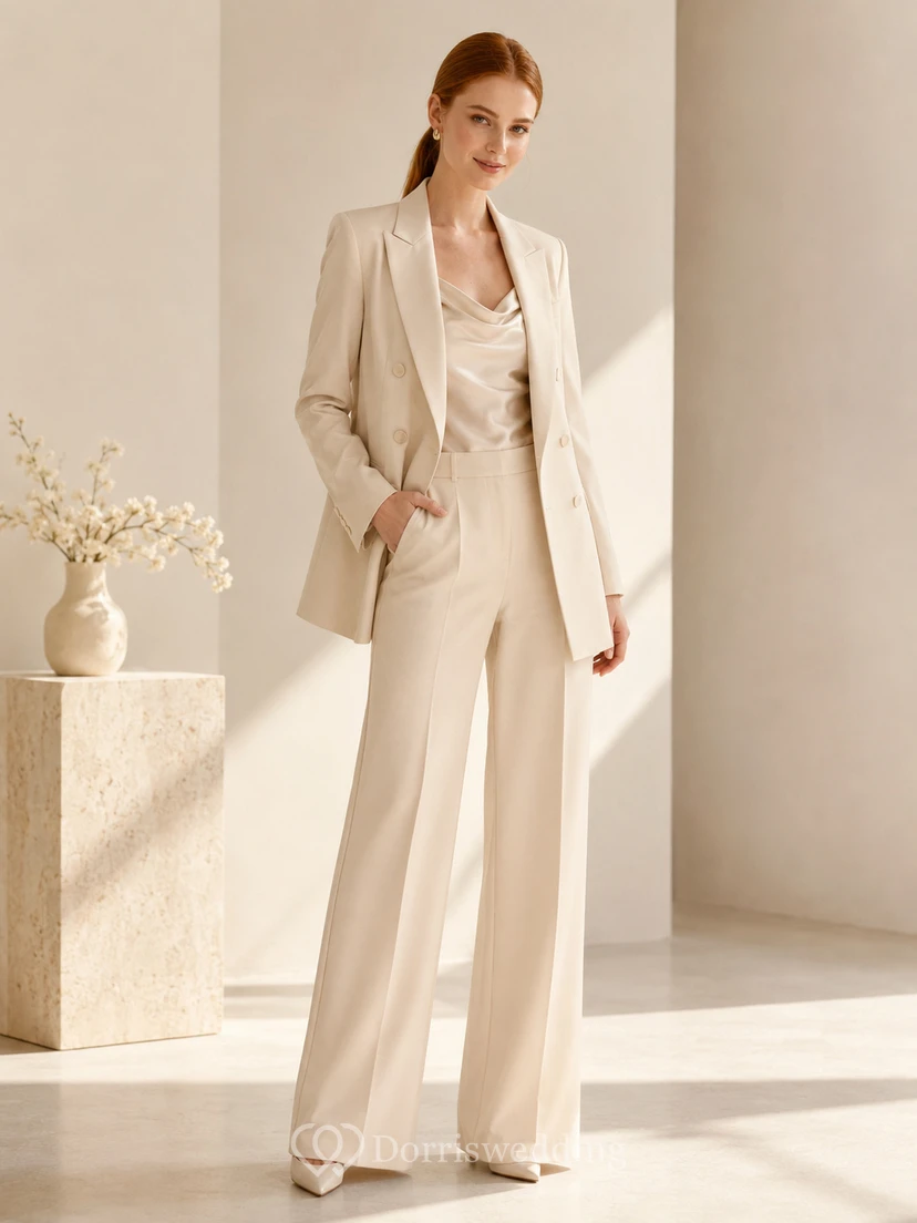 Minimalist Satin Wedding Jumpsuit V-Neck Long Sleeve Floor Length