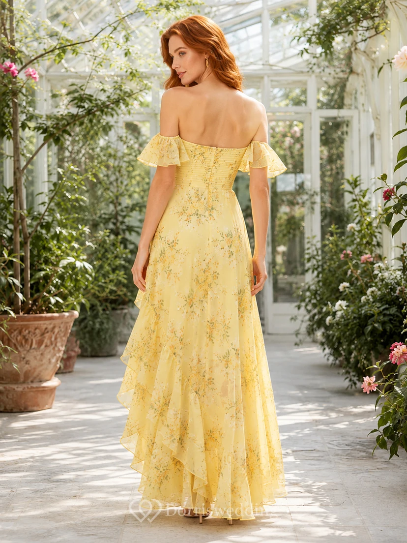 Yellow Floral Off Shoulder High Low Ruffle Dress view 2