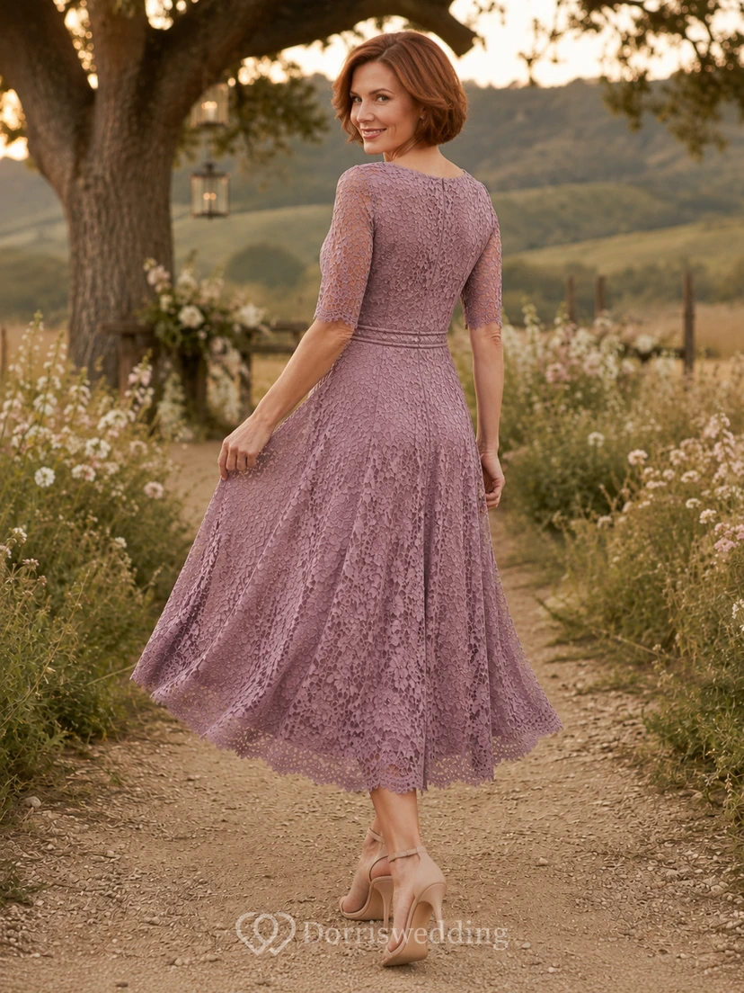 Vintage-Kleid in Mauve, schlichtes U-Boot-Ausschnitt-Kleid mit halben Ärmeln, floraler Spitze, A-Linie, Teelänge, Landhausstil, festliches Kleid für die Mutter des Bräutigams view 2