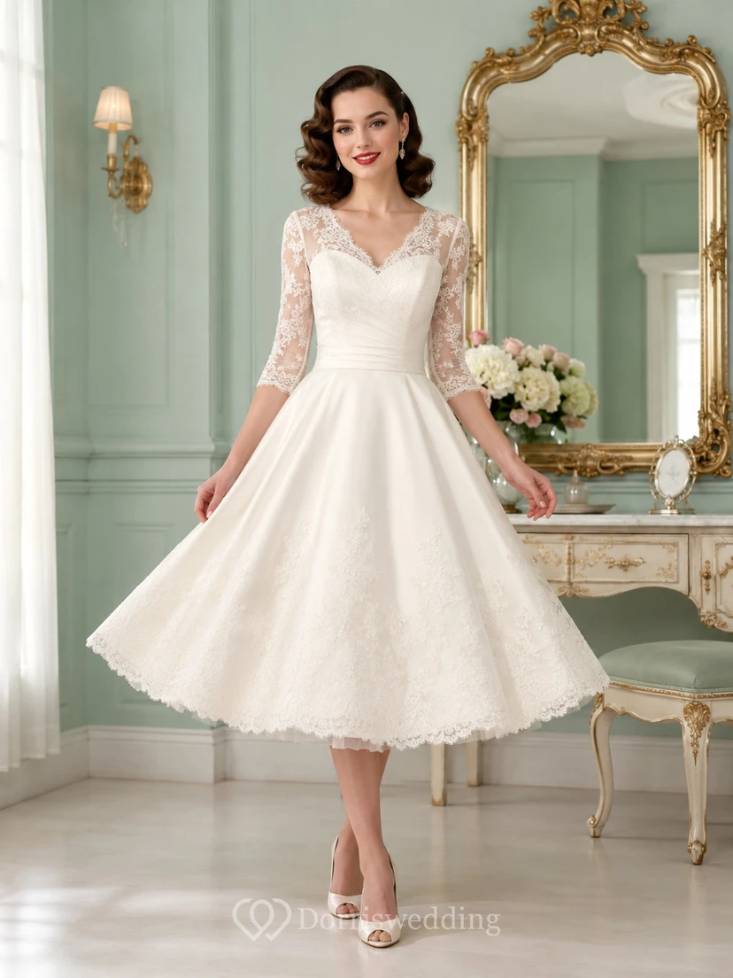 Vintage 1950s V Neck Three Quarter Illusion Lace A-Line Tea Wedding Dress