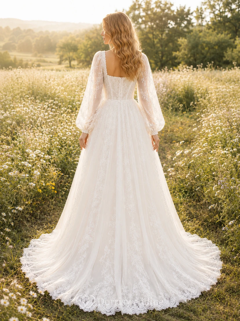 Boho Square Neck Bishop Sleeve Lace Meadow Bridal Gown view 2